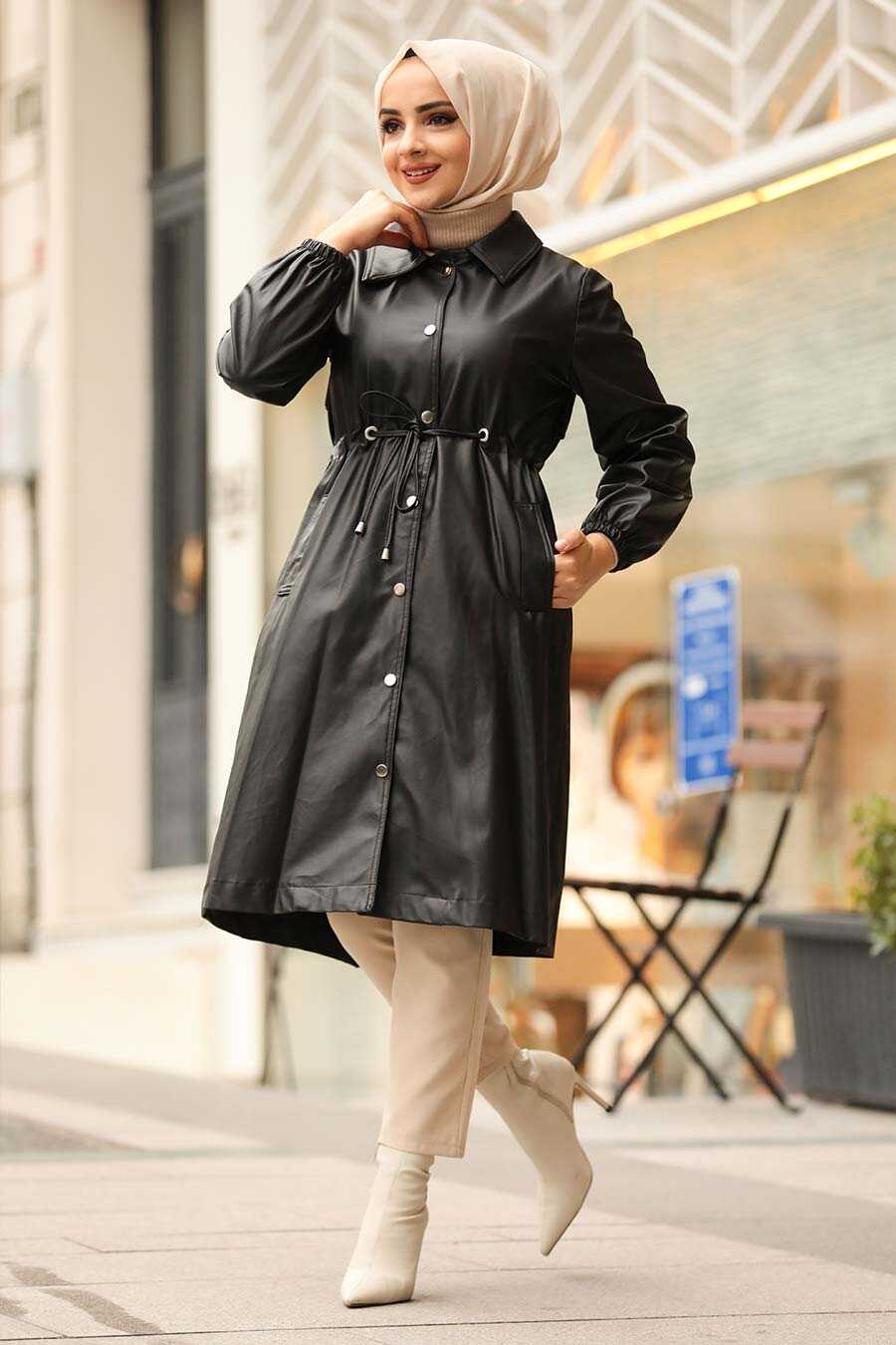 Black Hijab Leather Coat 1309S - Neva-style.com