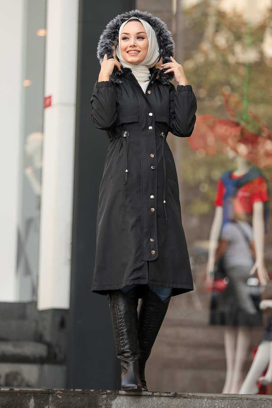 Black Hijab Parka Coat 6606S - Neva-style.com