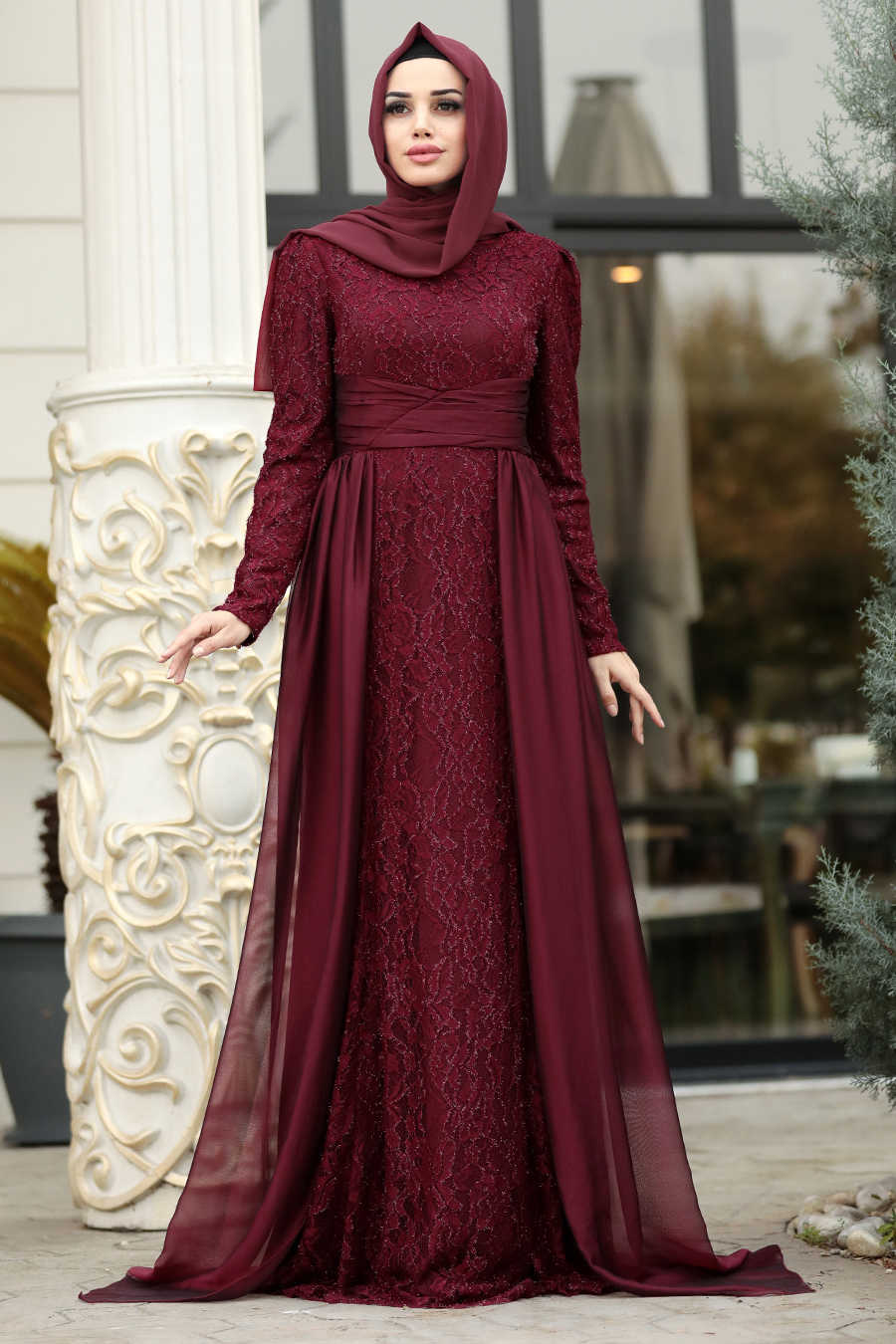 Bordo Tesettür Abiye Elbise 191801BR