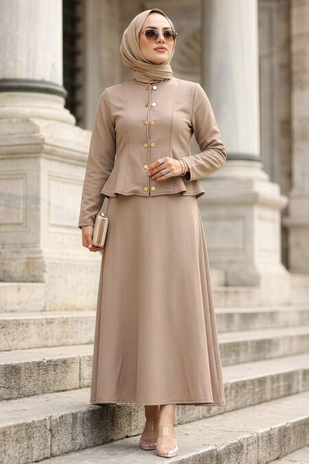 Button Detailed Mink Modest Denim Two-Piece Set 11892V - 