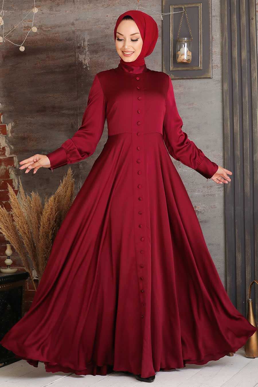 Claret Red Hijab Evening Dress 25520BR - Neva-style.com