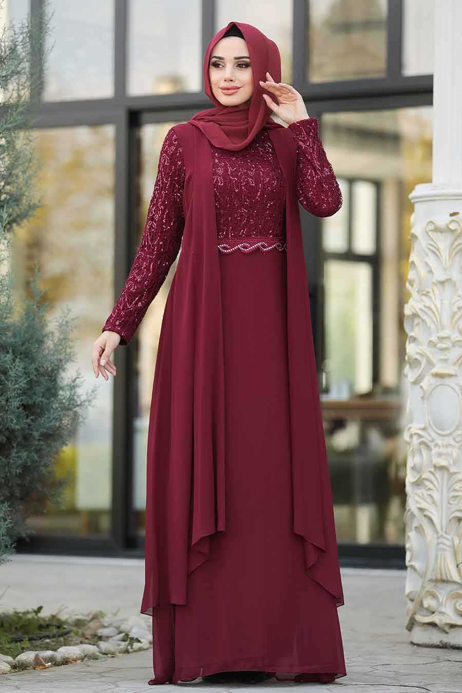 Claret Red Hijab Evening Dress 25758BR