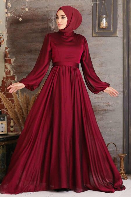 Claret Red Hijab Evening Dress 5215BR - Neva-style.com