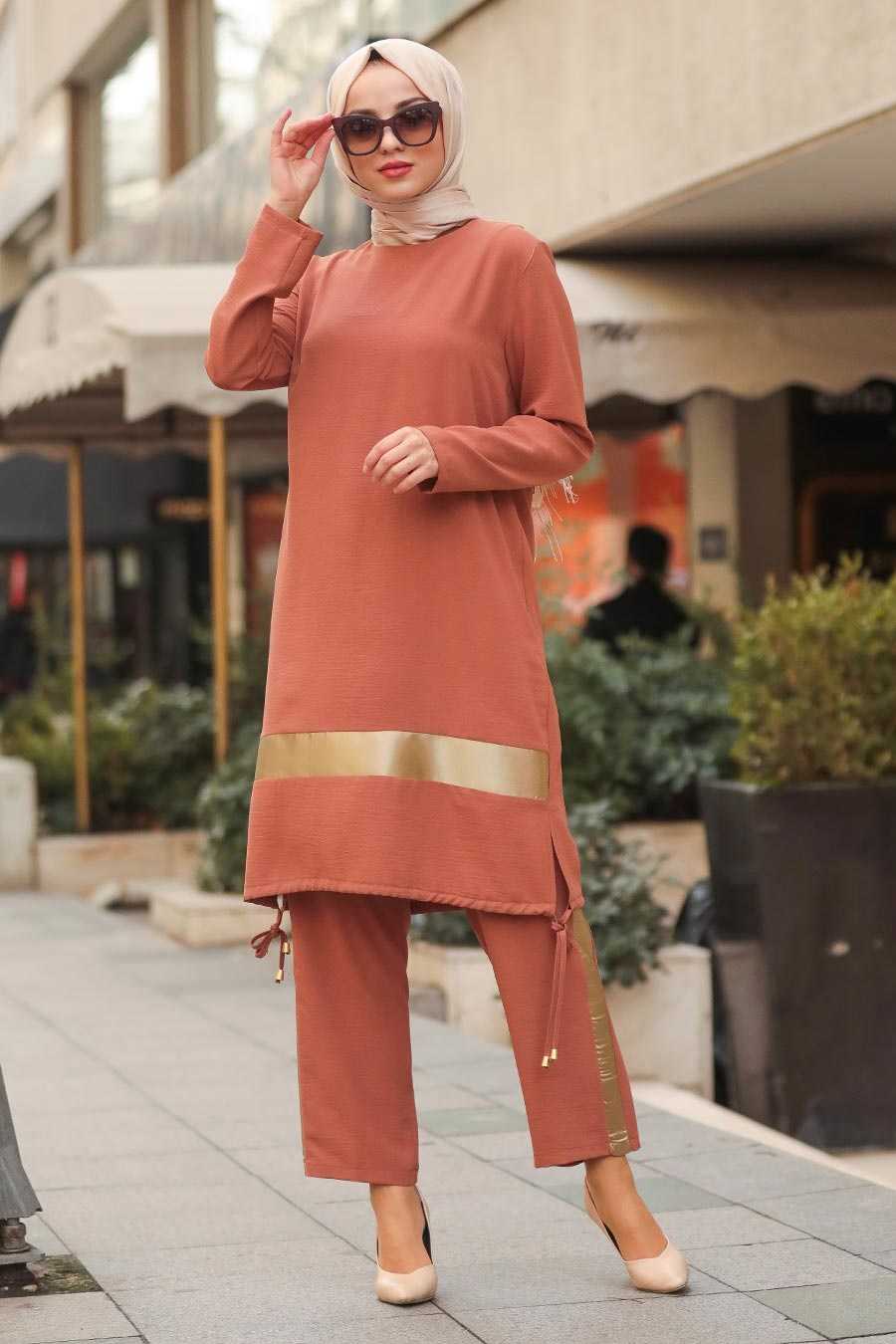 Dark Sunuff Colored Hijab Dual Suit Dress 2106KTB - Neva-style.com