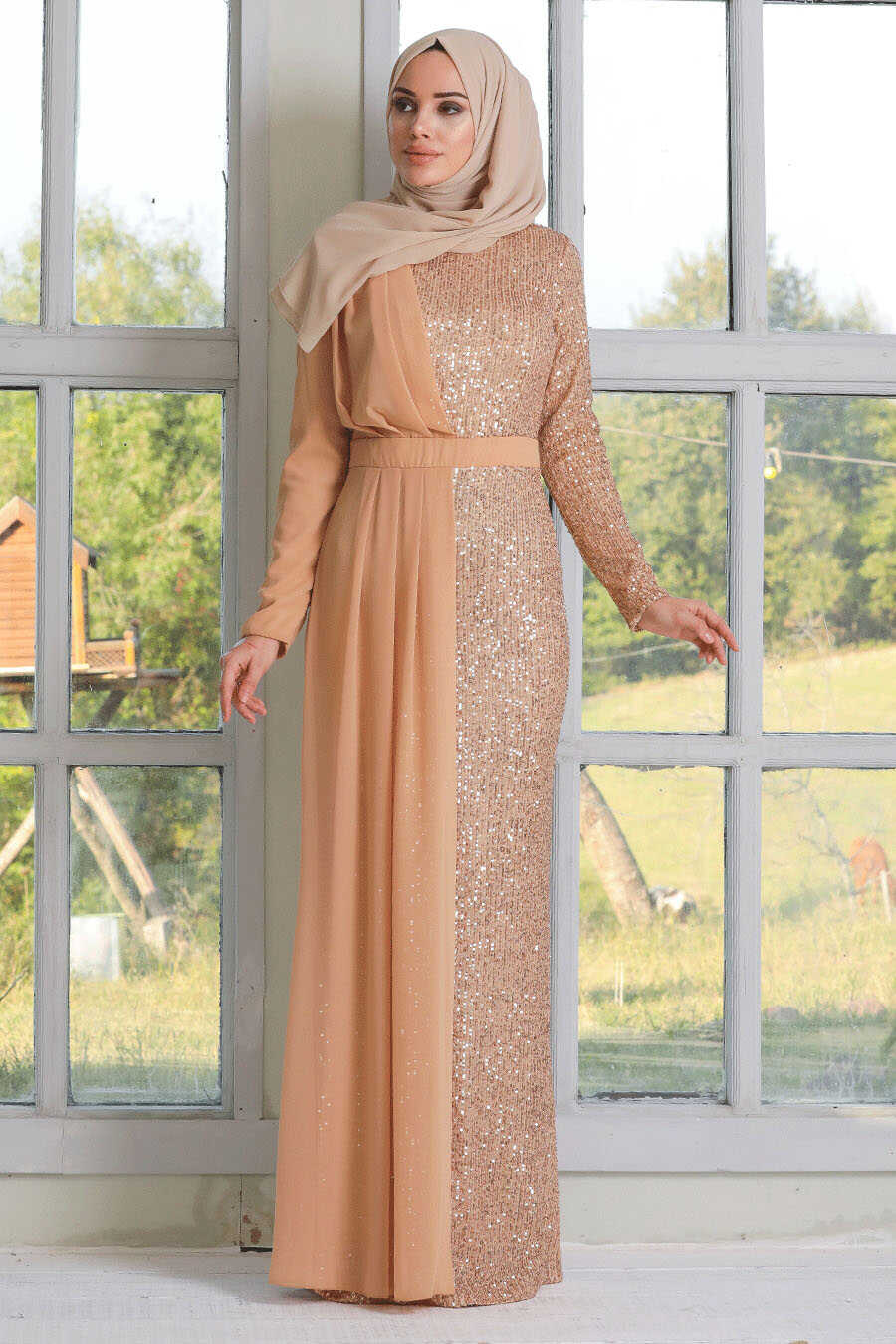 Gold Hijab Evening Dress 34290GOLD - Neva-style.com