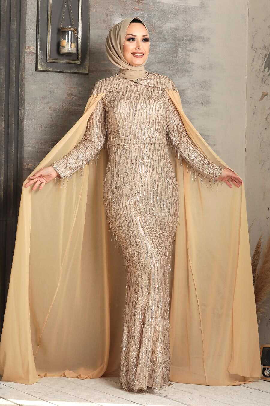 Gold Hijab Evening Dress 3450GOLD