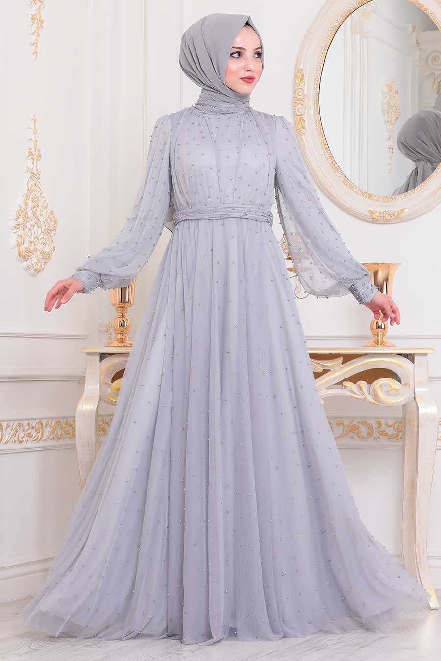 Grey Hijab Evening Dress 2176GR