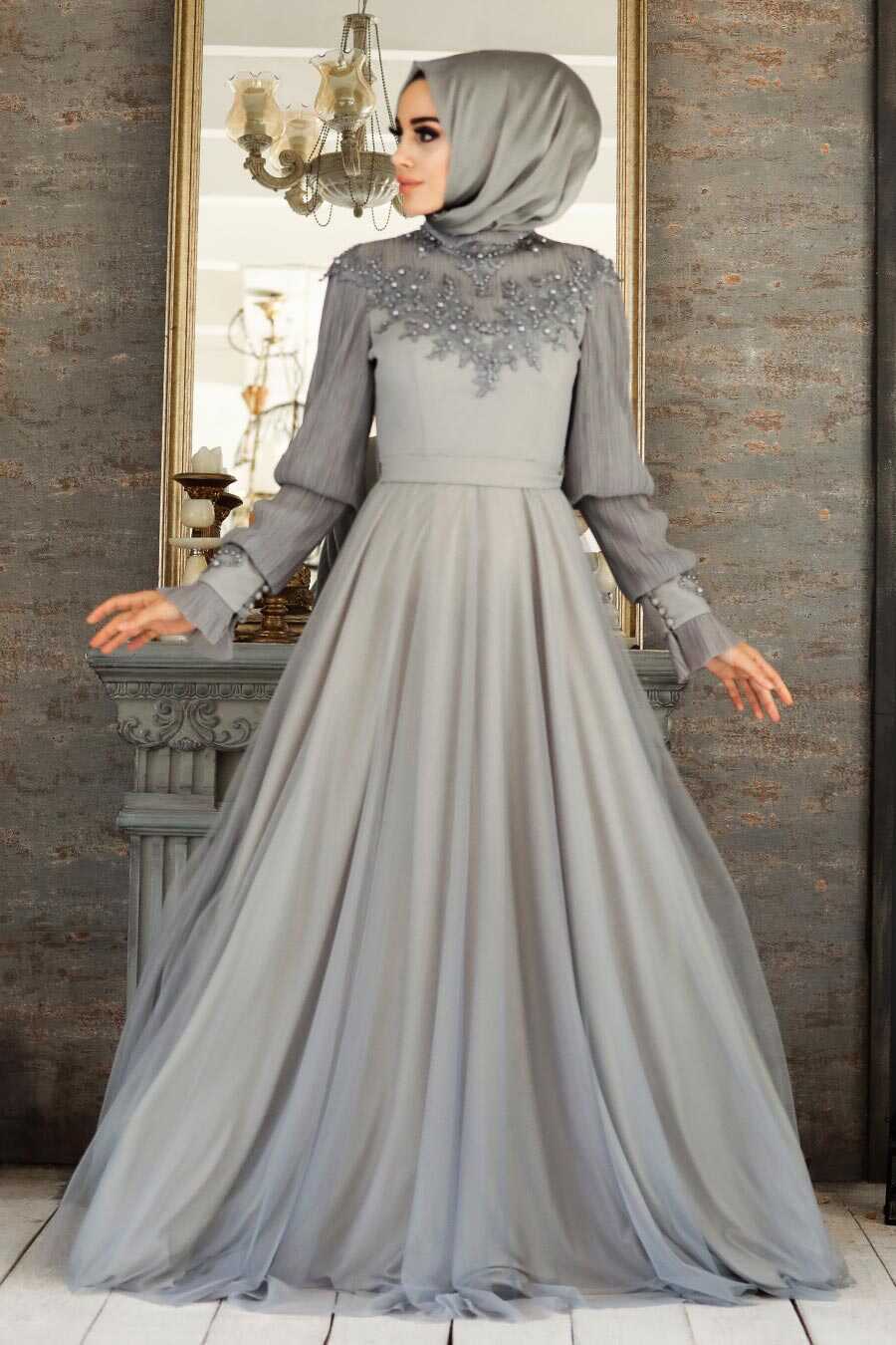 Grey Hijab Evening Dress 21780GR