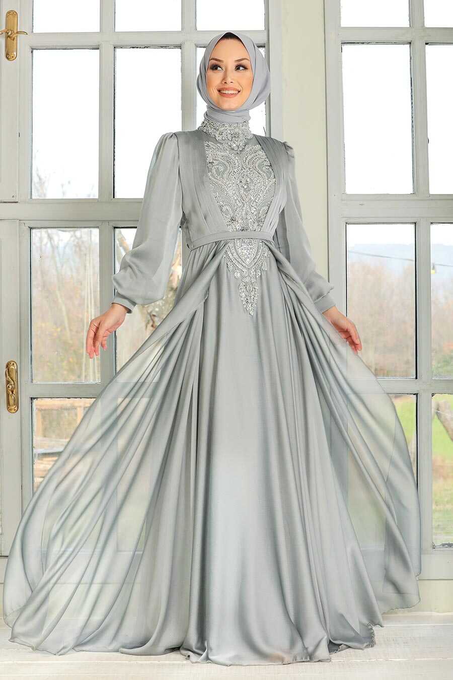 Grey Hijab Evening Dress 3315GR - Neva-style.com