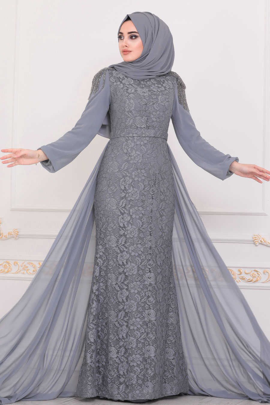 Grey Hijab  Evening Dress  40280GR Neva style com