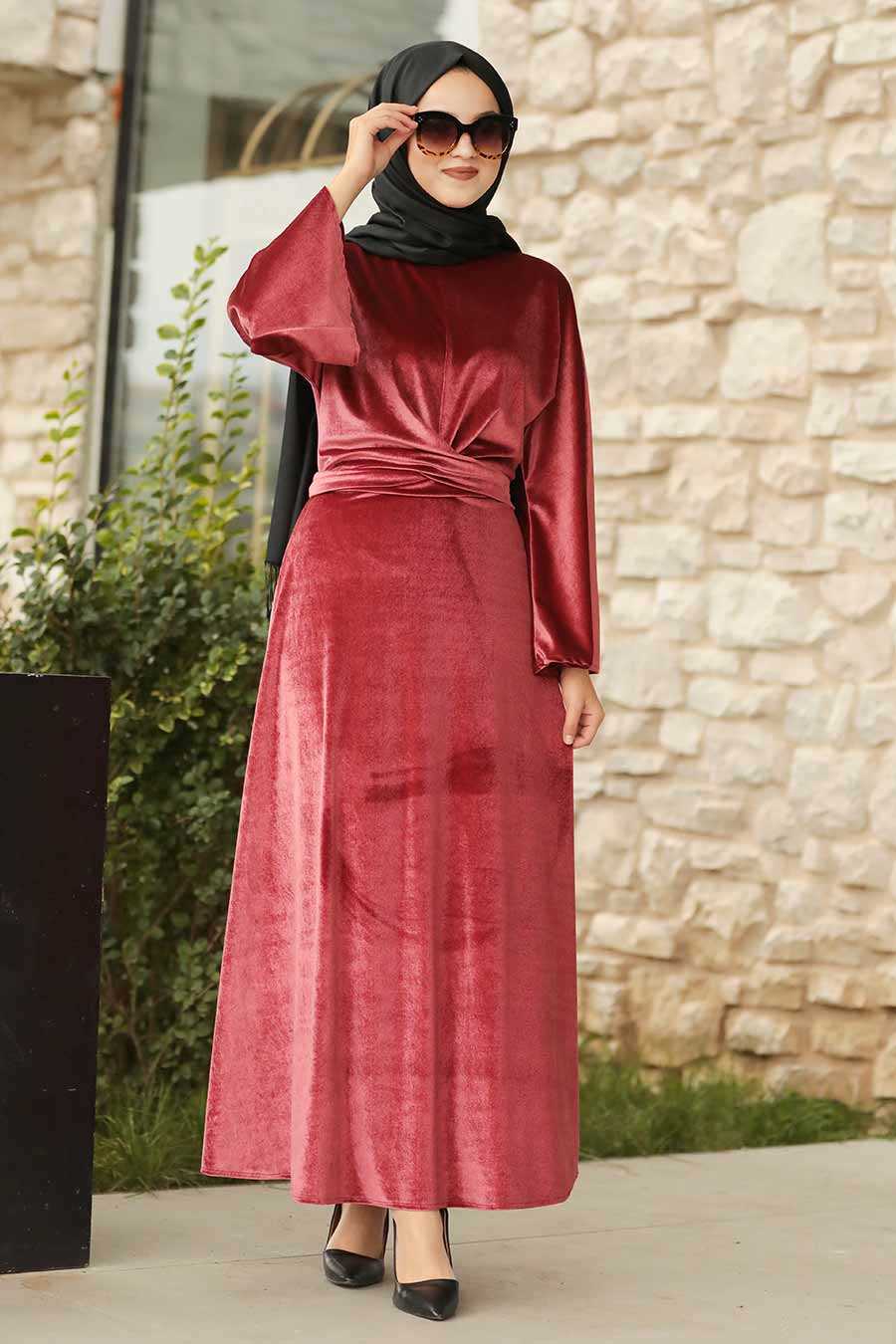 Gül Kurusu Tesettür Kadife Elbise 22590GK - Neva-style.com