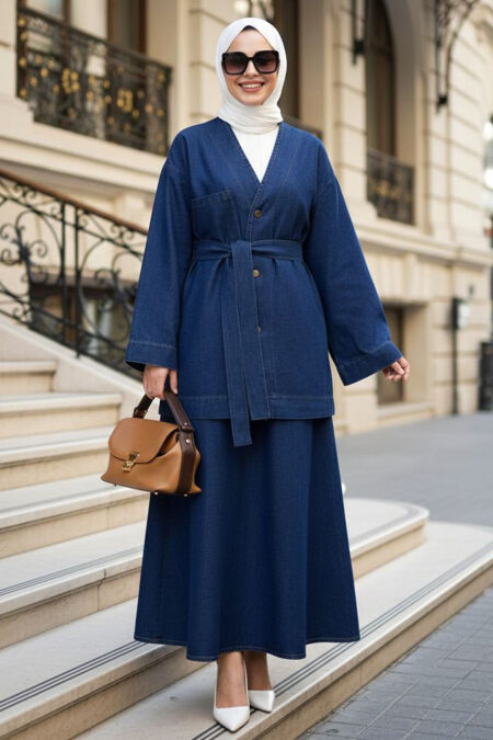 Jacket Navy Blue Modest Denim Skirt Two-Piece Set 19047L - 