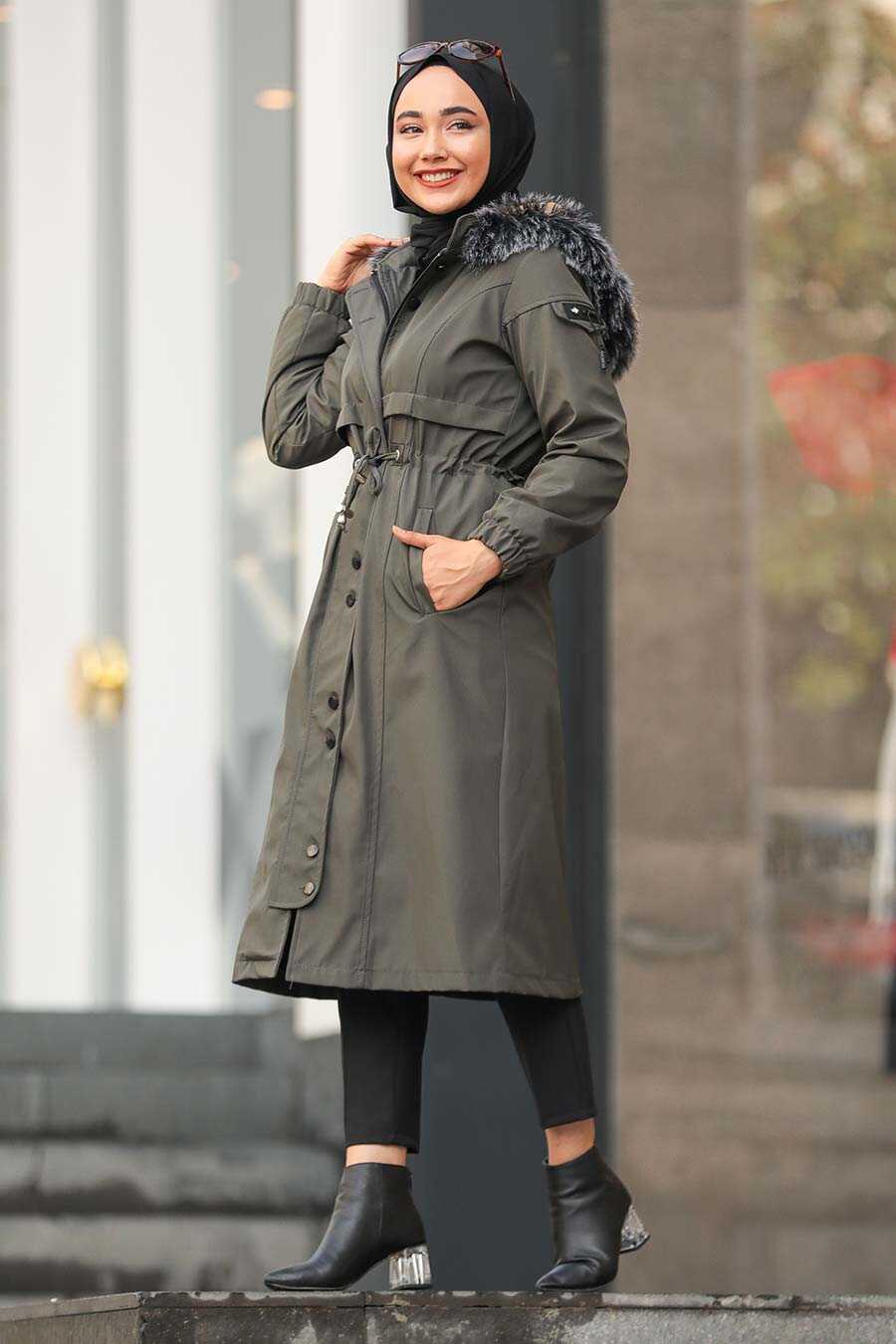 Khaki Hijab Parka Coat 6606HK - Neva-style.com