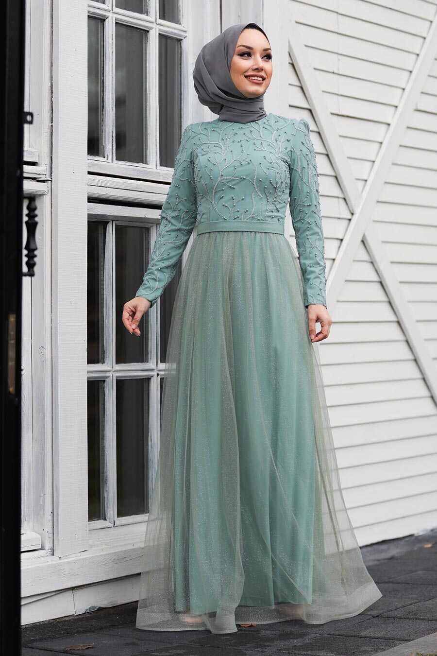 Mint Hijab Evening Dress 3484MINT