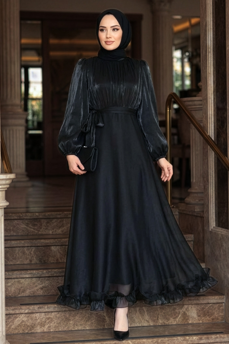 Modest Evening Dress - Balloon Sleeve Black Modest Evening Dress 6278S - 