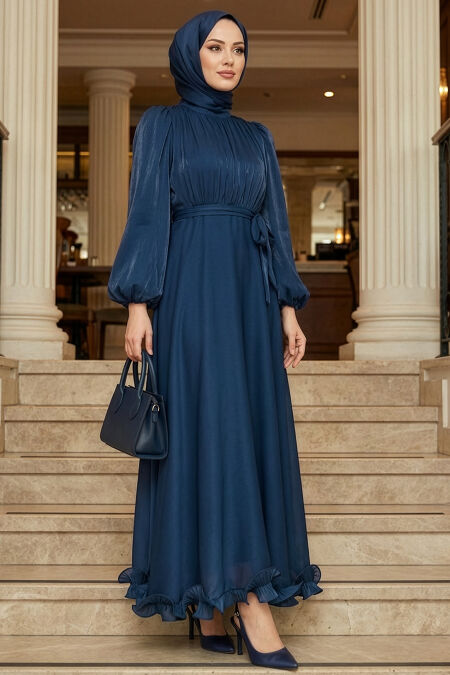 Modest Evening Dress - Balloon Sleeve Navy Blue Modest Evening Dress 6278L - 