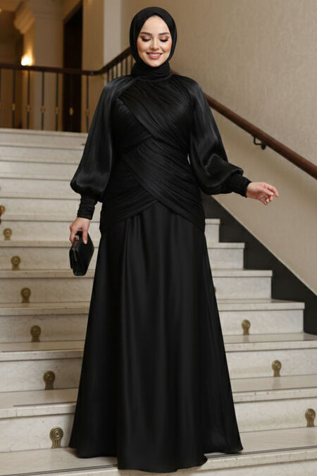 Modest Evening Dress - Drape Detailed Black Modest Evening Dress 55821S - 