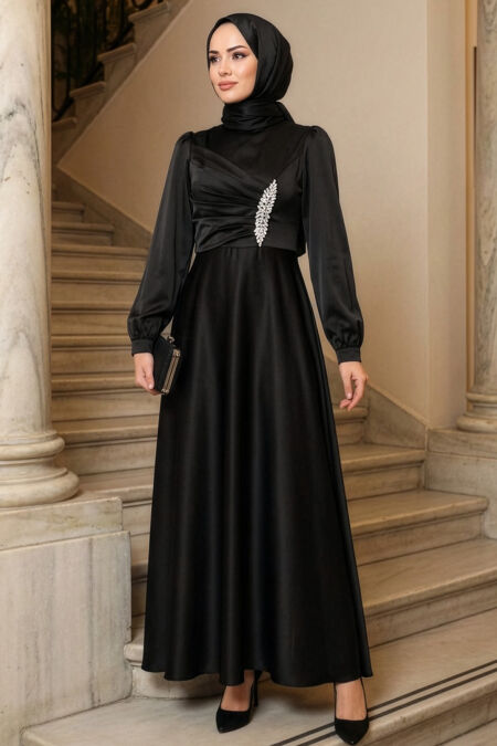 Modest Evening Dress - Drape Detailed Black Modest Satin Evening Dress 6261S - 