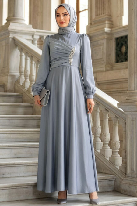 Modest Evening Dress - Drape Detailed Grey Modest Satin Evening Dress 6261GR - 