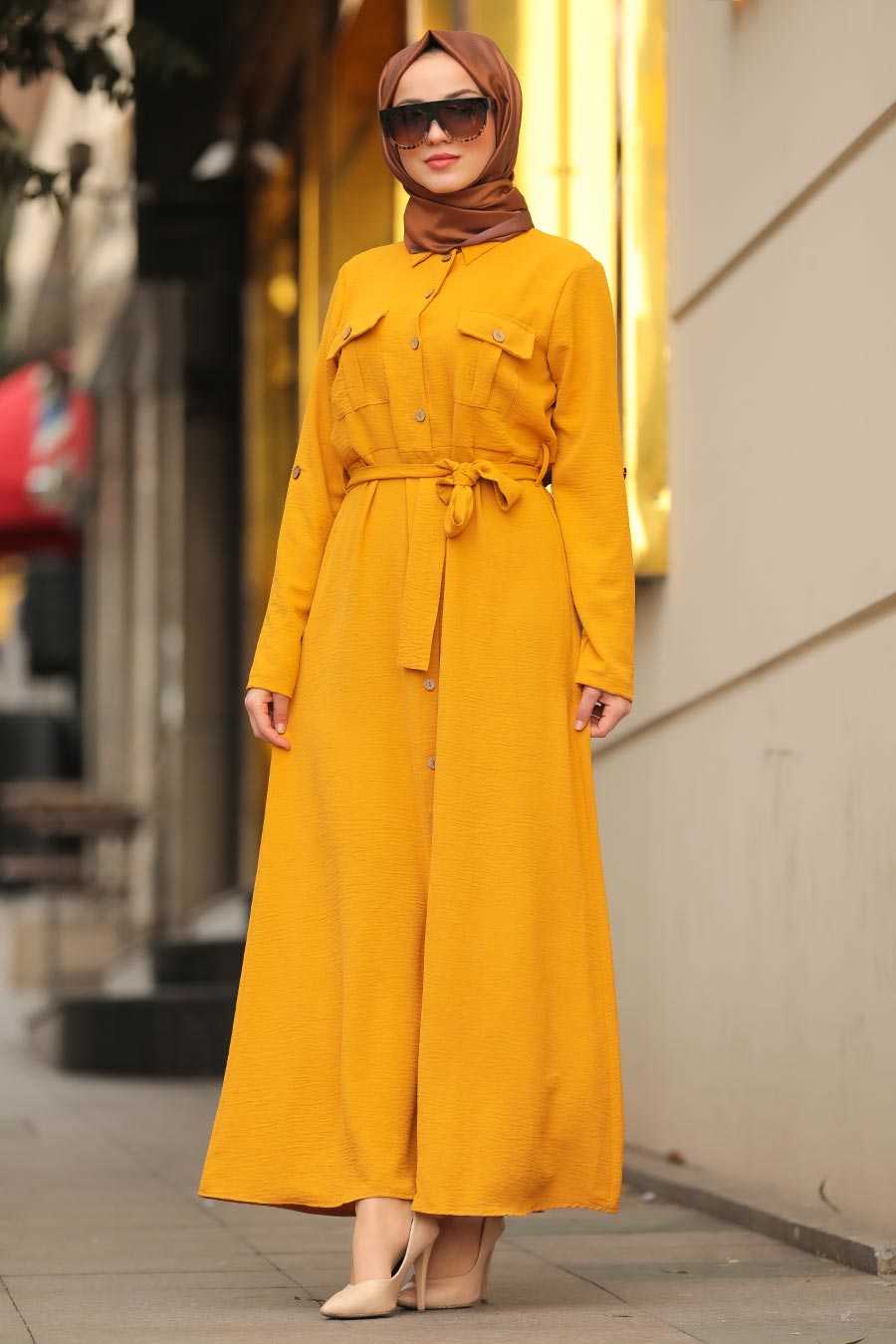 Mustard Hijab Dress 10049HR - Neva-style.com