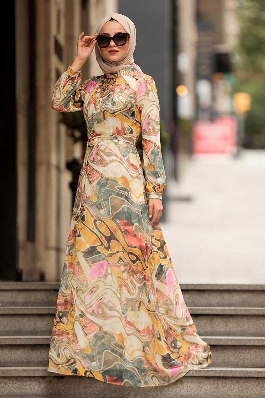 Mustard Hijab Dress 81547HR - Neva-style.com