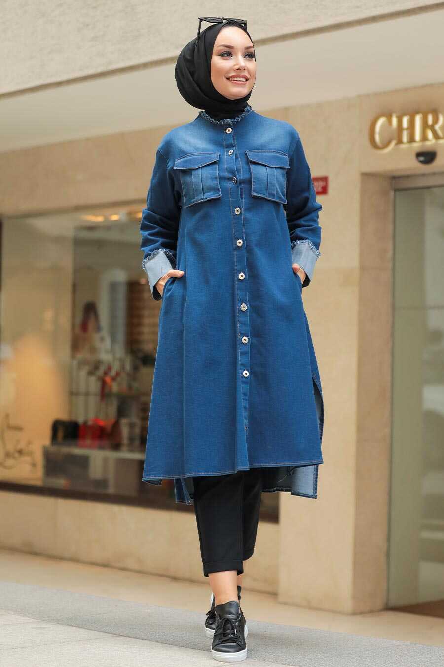 Navy Blue Hijab Denim Tunic 5985L - Neva-style.com