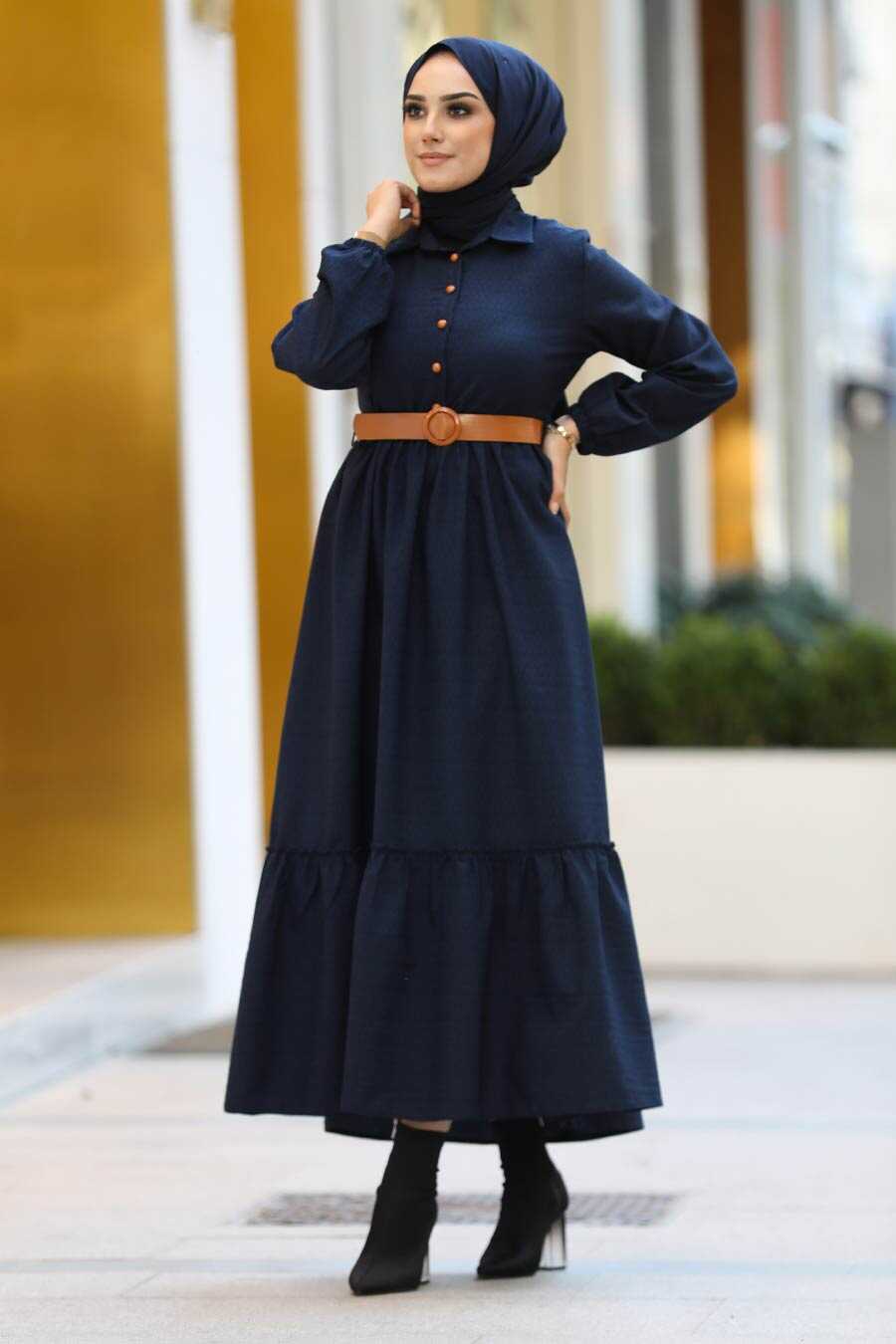Evening Dress - Lace Detail Navy Blue Hijab Dress - 10048L - Neva-style.com