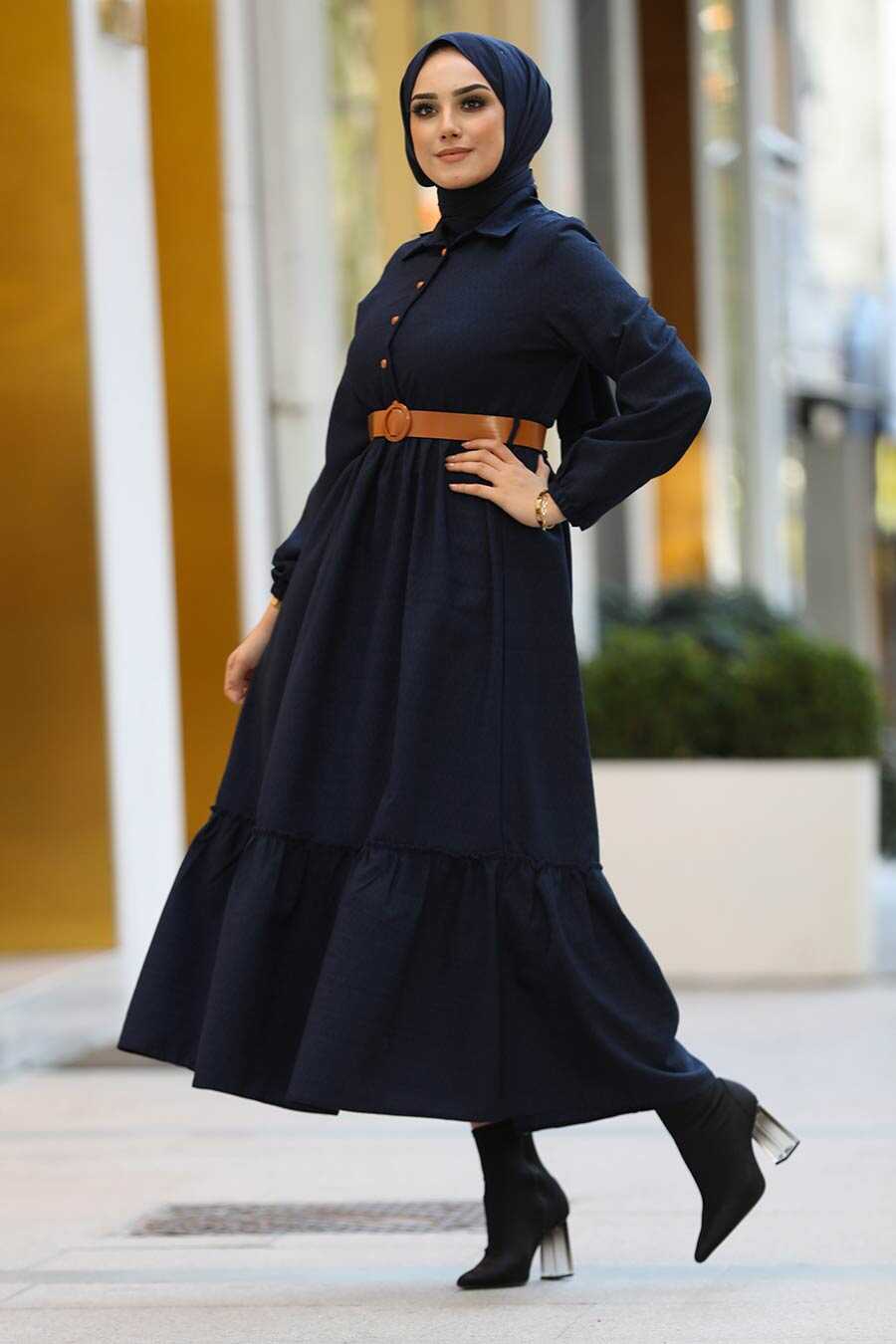 Evening Dress - Navy Blue Hijab Evening Dress 196711L - Tesetturisland.com