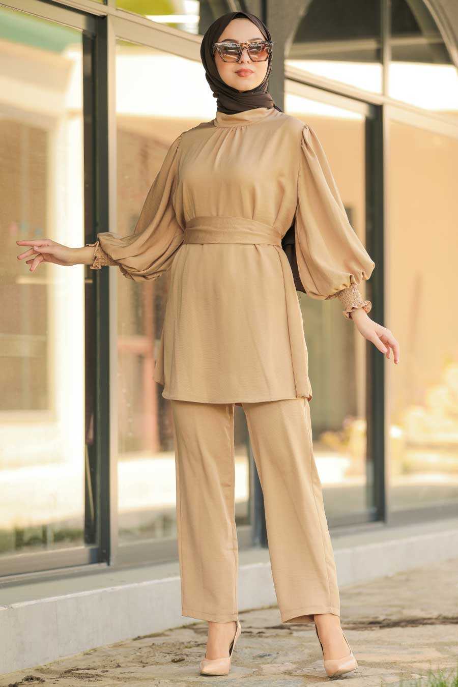 Neva Style - Camel Hijab Dual Suit Dress 1168C - Neva-style.com