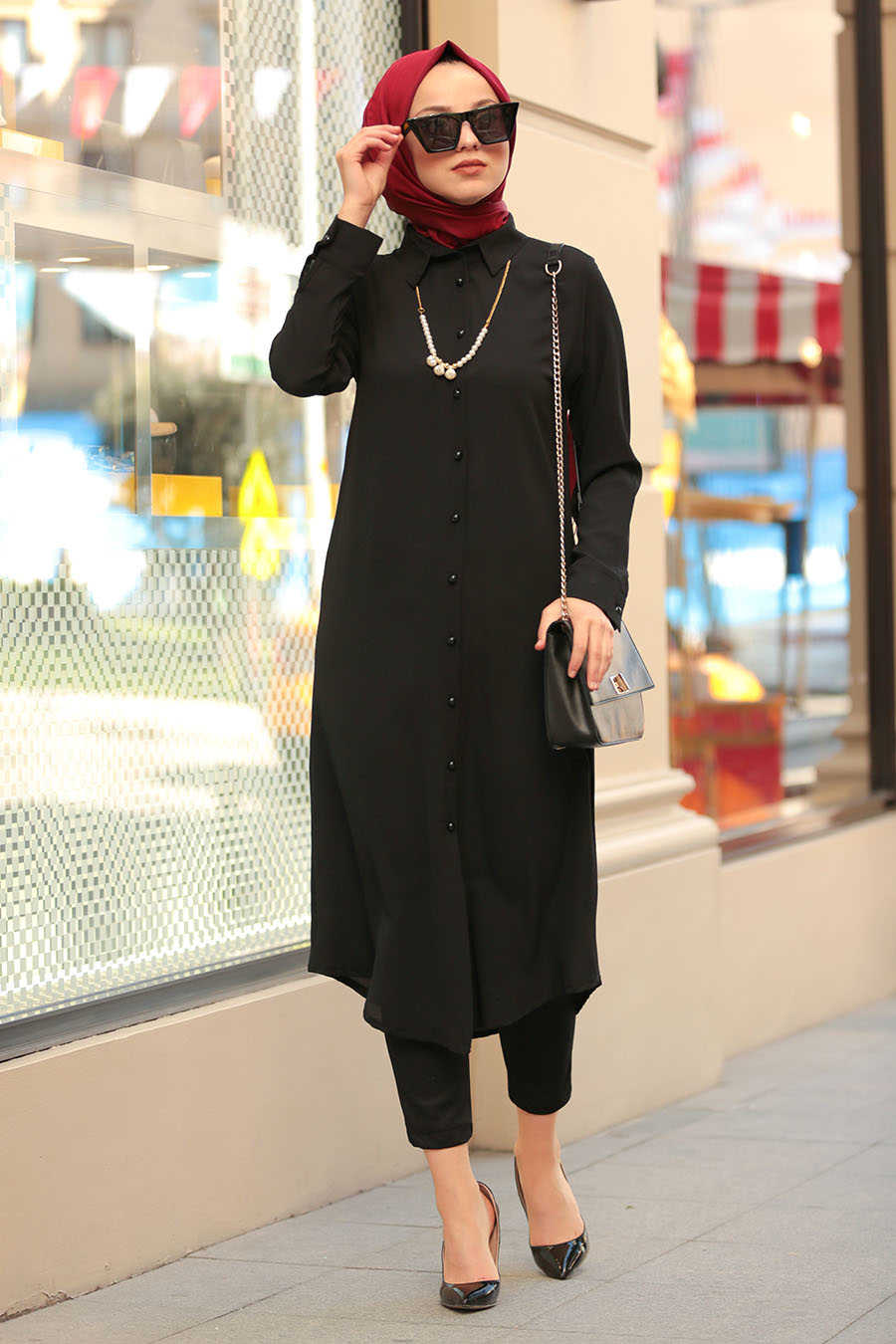 Neva Style - Düğmeli Siyah Tesettür Tunik 4000S - Neva-style.com