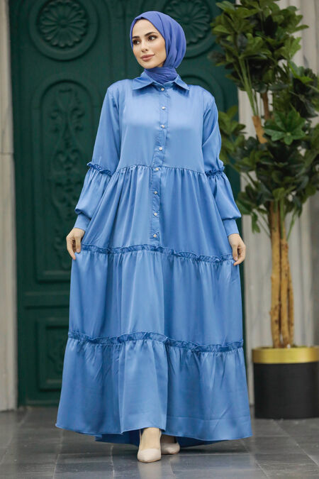  İndigo Blue Hijab Turkish Dress 5884IM - NEVA STYLE