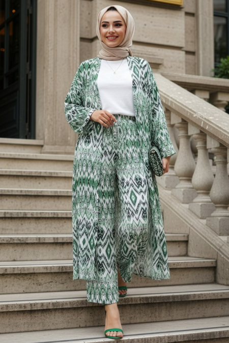 Patterned Green Modest Two-Piece Kimono Set 12887Y - 