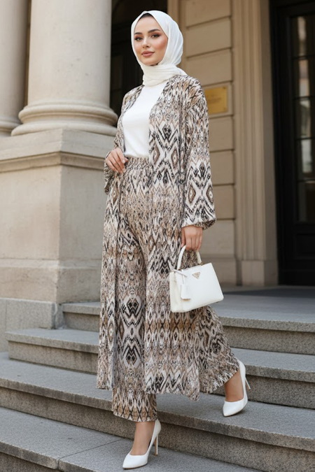 Patterned Mink Modest Two-Piece Kimono Set 12887V - 