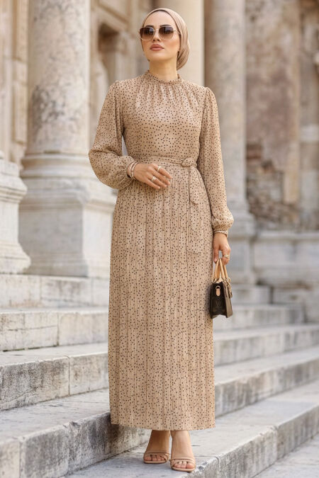 Patterned Pleated Mink Modest Dress 30303V - 