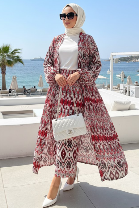 Patterned Red Modest Two-Piece Kimono Set 12887K - 