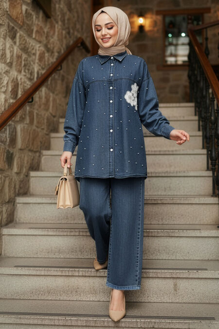 Pearl Detailed Dark Blue Modest Denim Two-Piece Set 19153KM - 