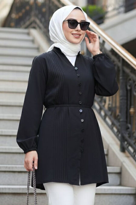 Pleat Detailed Black Modest Tunic 20299S - 