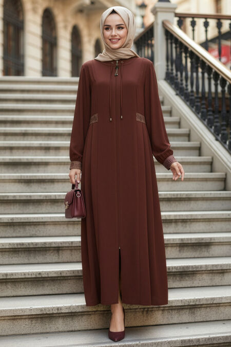 Pleat Detailed Brown Modest Ferace 45271KH - 
