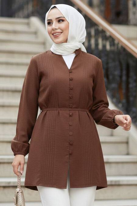 Pleat Detailed Brown Modest Tunic 20299KH - 