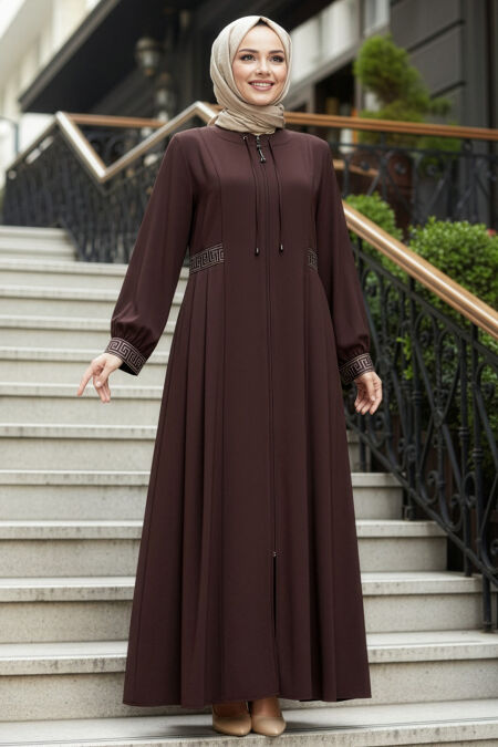 Pleat Detailed Dark Brown Modest Ferace 45271KKH - 