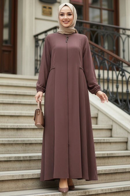 Pleat Detailed Dusty Rose Modest Ferace 45289GK - 