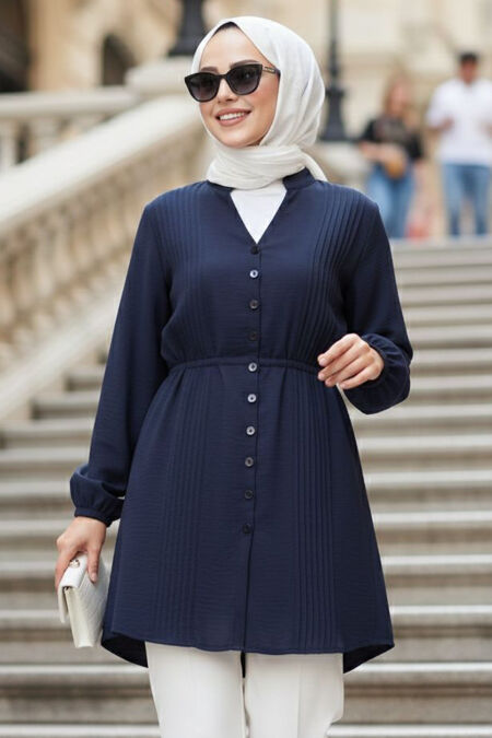 Pleat Detailed Navy Blue Modest Tunic 20299L - 