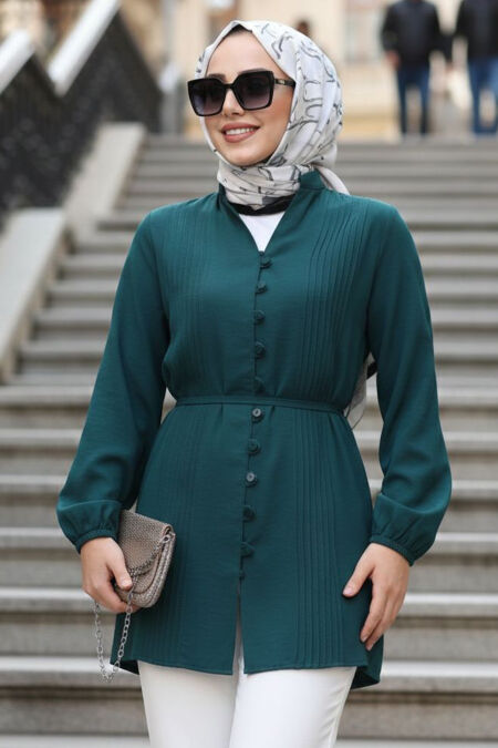 Pleat Detailed Petrol Green Modest Tunic 20299PY - 