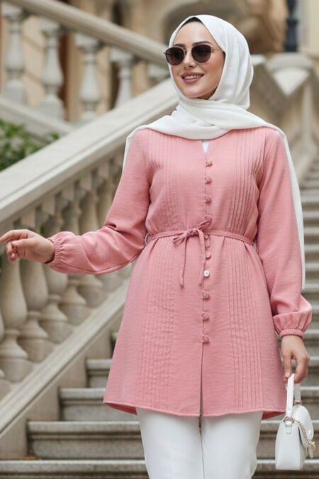 Pleat Detailed Powder Modest Tunic 20299PD - 
