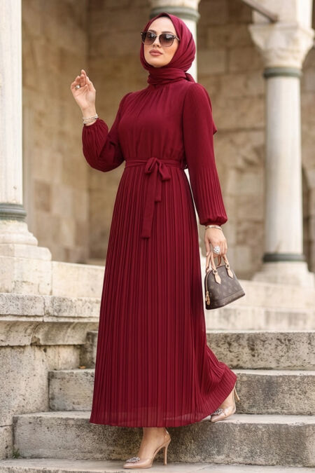 Pleated Claret Red Modest Dress 30301BR - 