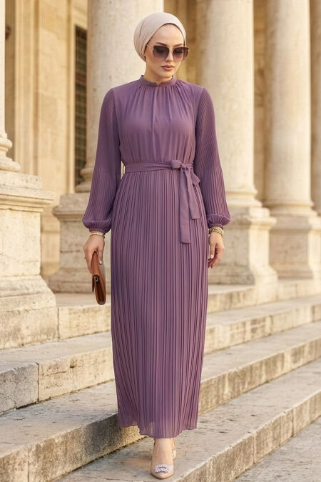 Pleated Dark Lilac Modest Dress 30301KLILA - 