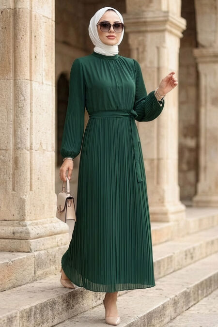 Pleated Emerald Green Modest Dress 30301ZY - 