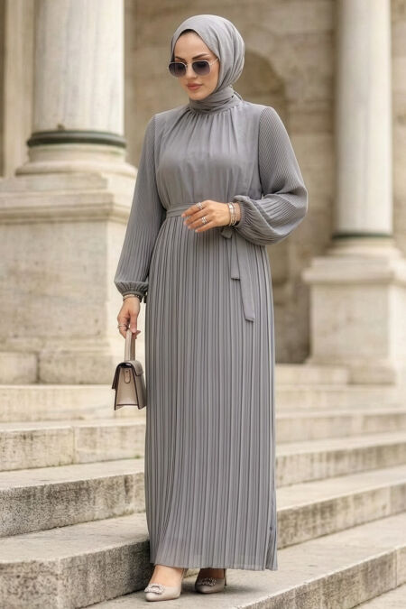 Pleated Grey Modest Dress 30301GR - 