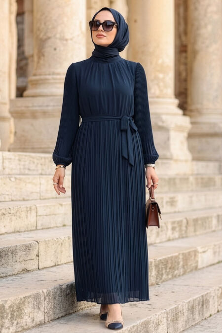 Pleated Navy Blue Modest Dress 30301L - 