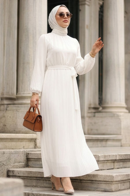 Pleated White Modest Dress 30301B - 